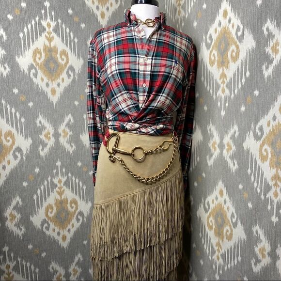 Ralph Lauren Fawn Suede Whip Stitch Fringe Hem Buckled Wrap Skirt - Picture 1 of 16